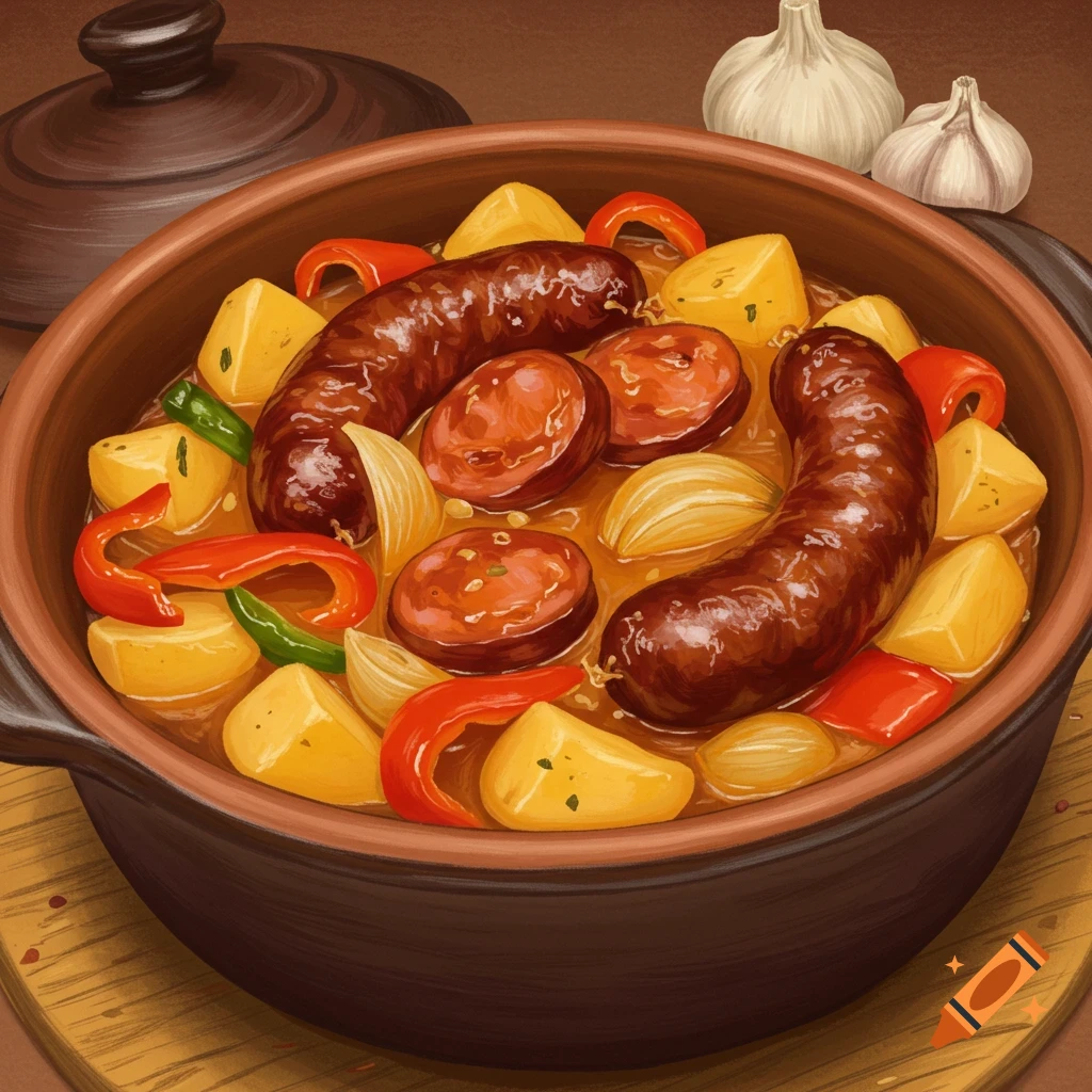 Illustrative close-up of a chouriceira stew in a clay pot, with sausages, potatoes, bell peppers, and onions, with garlic bulbs in the background.