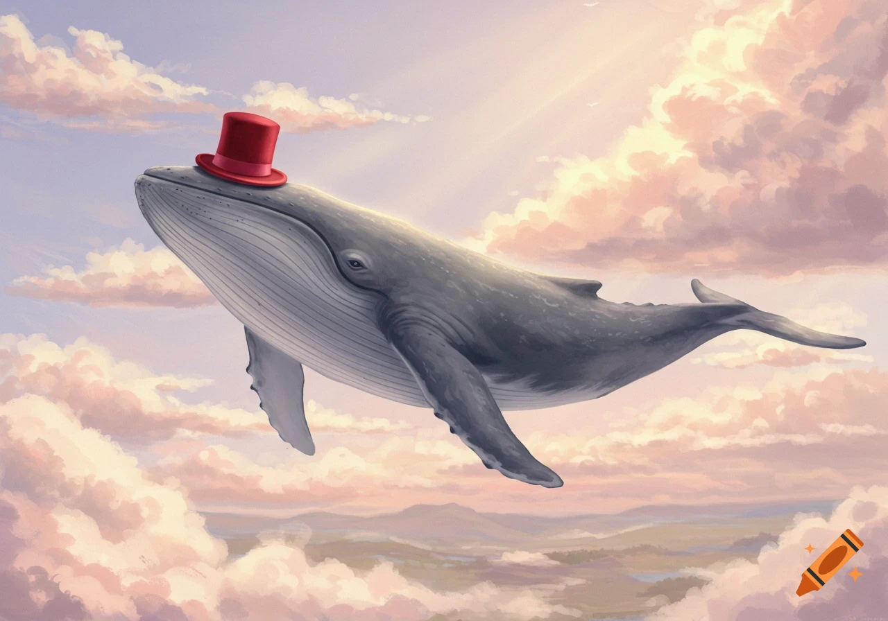 A large gray whale wearing a small red top hat floats serenely in a bright, cloud-filled sky above distant mountains.