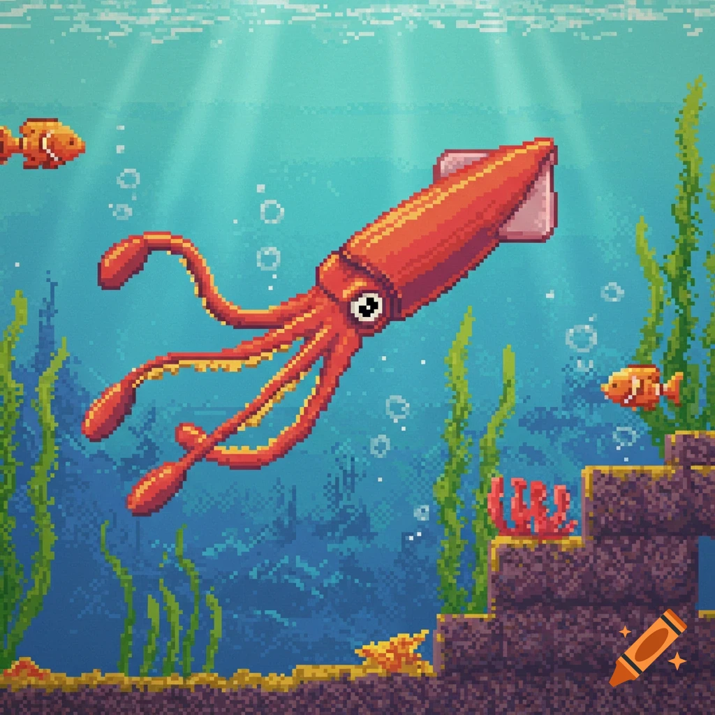 A vibrant orange pixel art squid swims in a blue ocean with two orange clownfish, seaweed, and rocks.