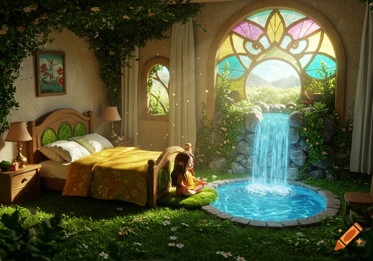 A serene fantasy bedroom featuring a waterfall, blue pool, stained-glass window, and a child meditating on a grass rug.
