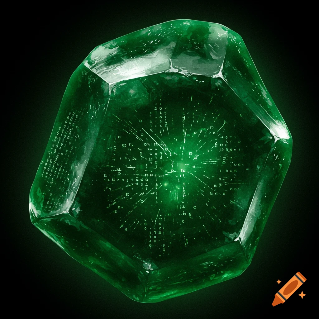 A glowing green multifaceted jadeite gem filled with digital matrix code and light, set against a dark background.