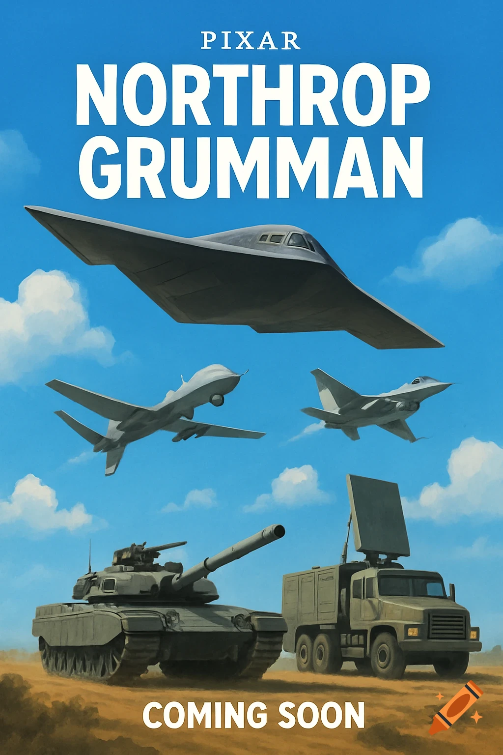 A Pixar-style movie poster with military aircraft and ground vehicles, reading 'PIXAR NORTHROP GRUMMAN' and 'COMING SOON'.