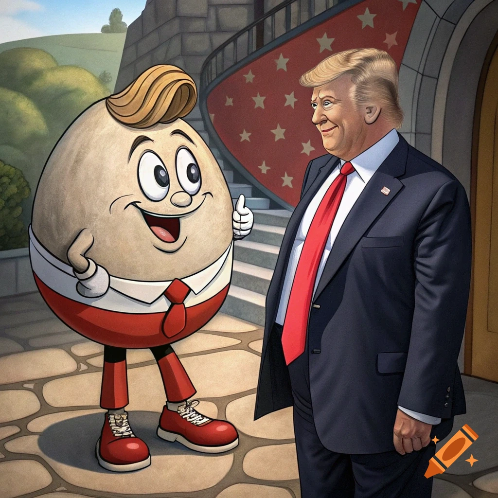 A cartoon egg character resembling Humpty Dumpty gives a thumbs-up next to Donald Trump, who is smiling.