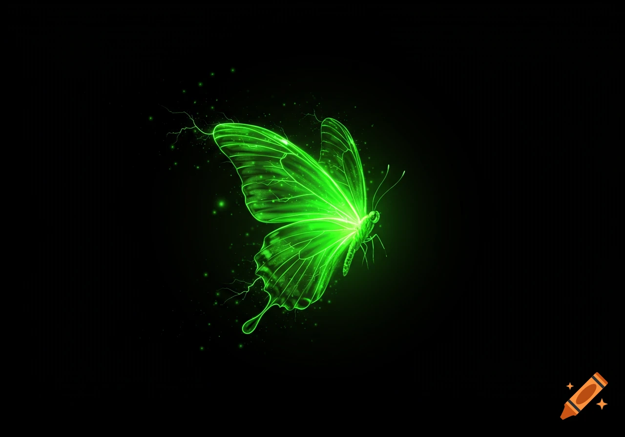 A vibrant green glowing butterfly with electric sparks around its wings against a dark background.