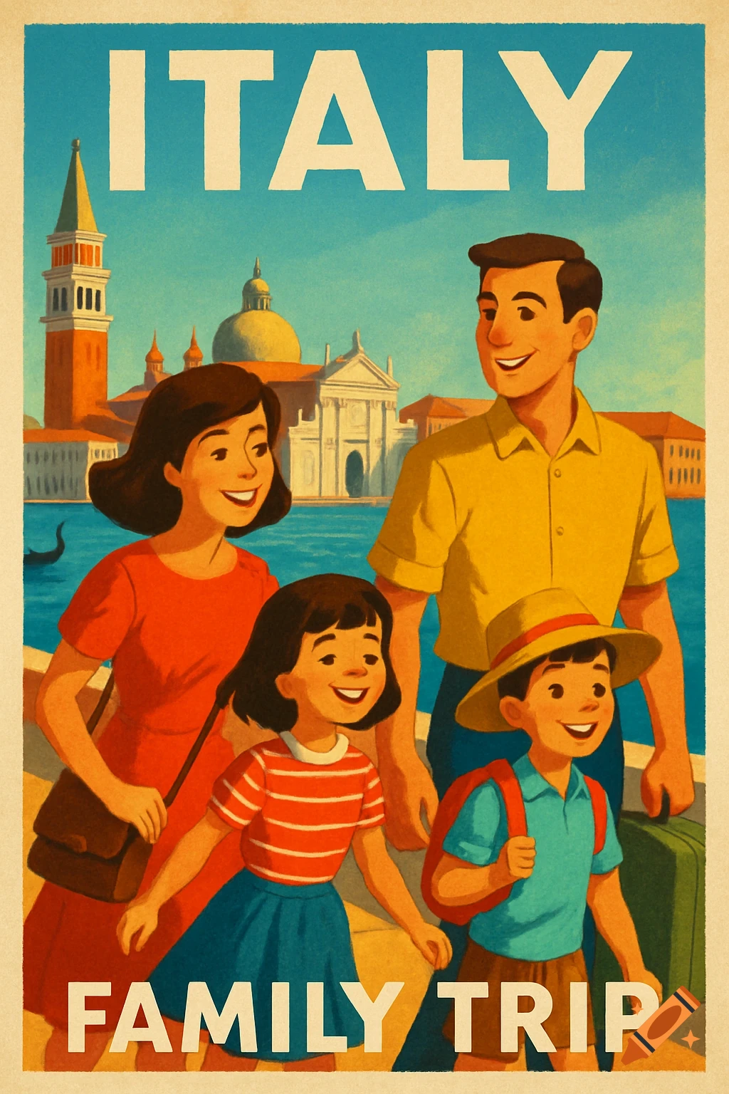 Vintage travel poster showing a smiling family in front of Venetian architecture and a canal, with text 'ITALY FAMILY TRIP'.