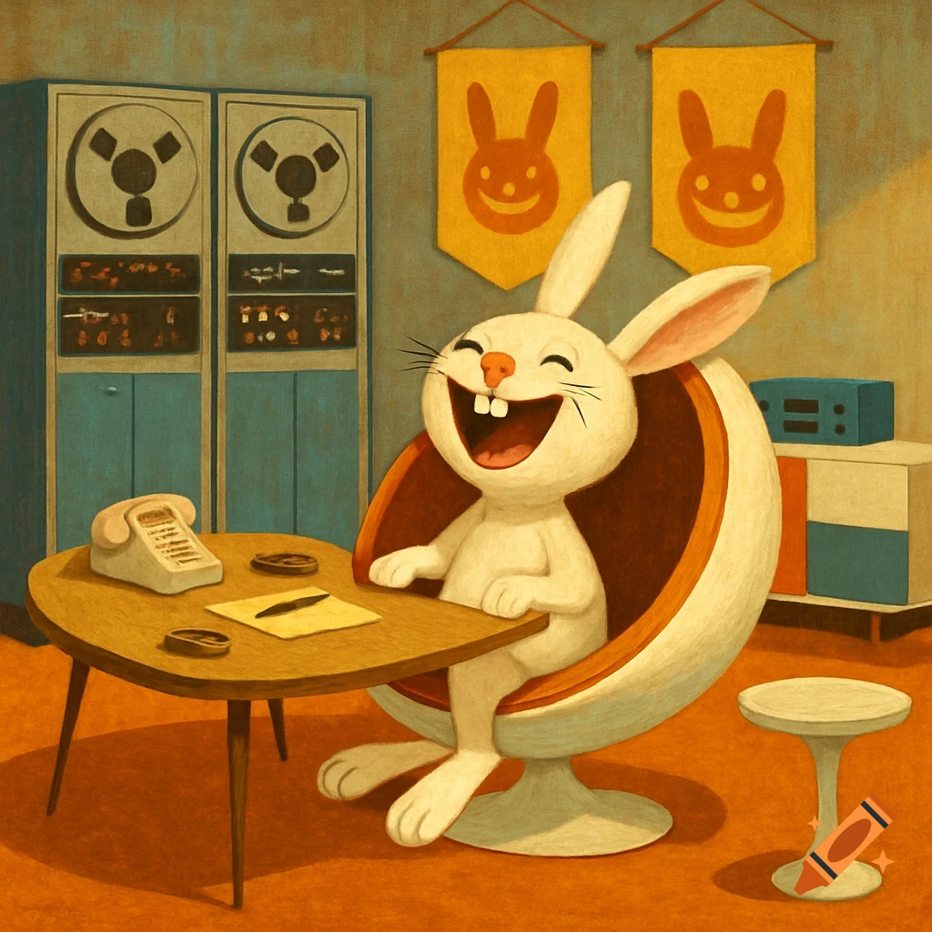A happy cartoon rabbit sits laughing in a retro egg chair at a desk in a 1960s office with reel-to-reel computers and bunny flags.