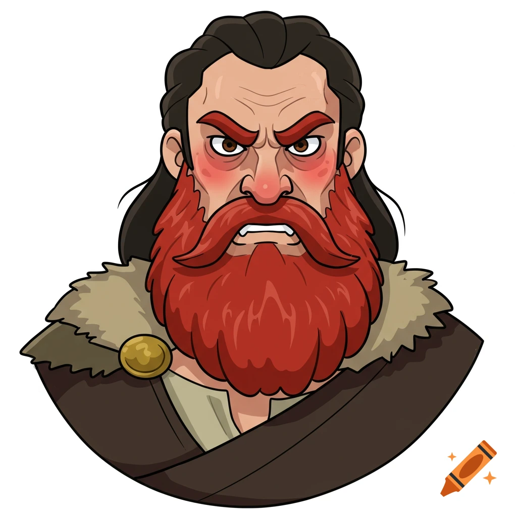 Cartoon illustration of an angry man with a long red beard and dark hair, wearing a fur-lined cloak with a gold clasp.