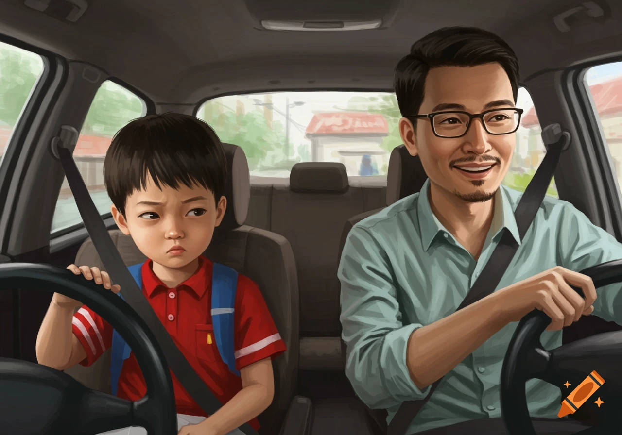 An illustration of a smiling father driving a car with his somber son in the passenger seat, both wearing seatbelts.
