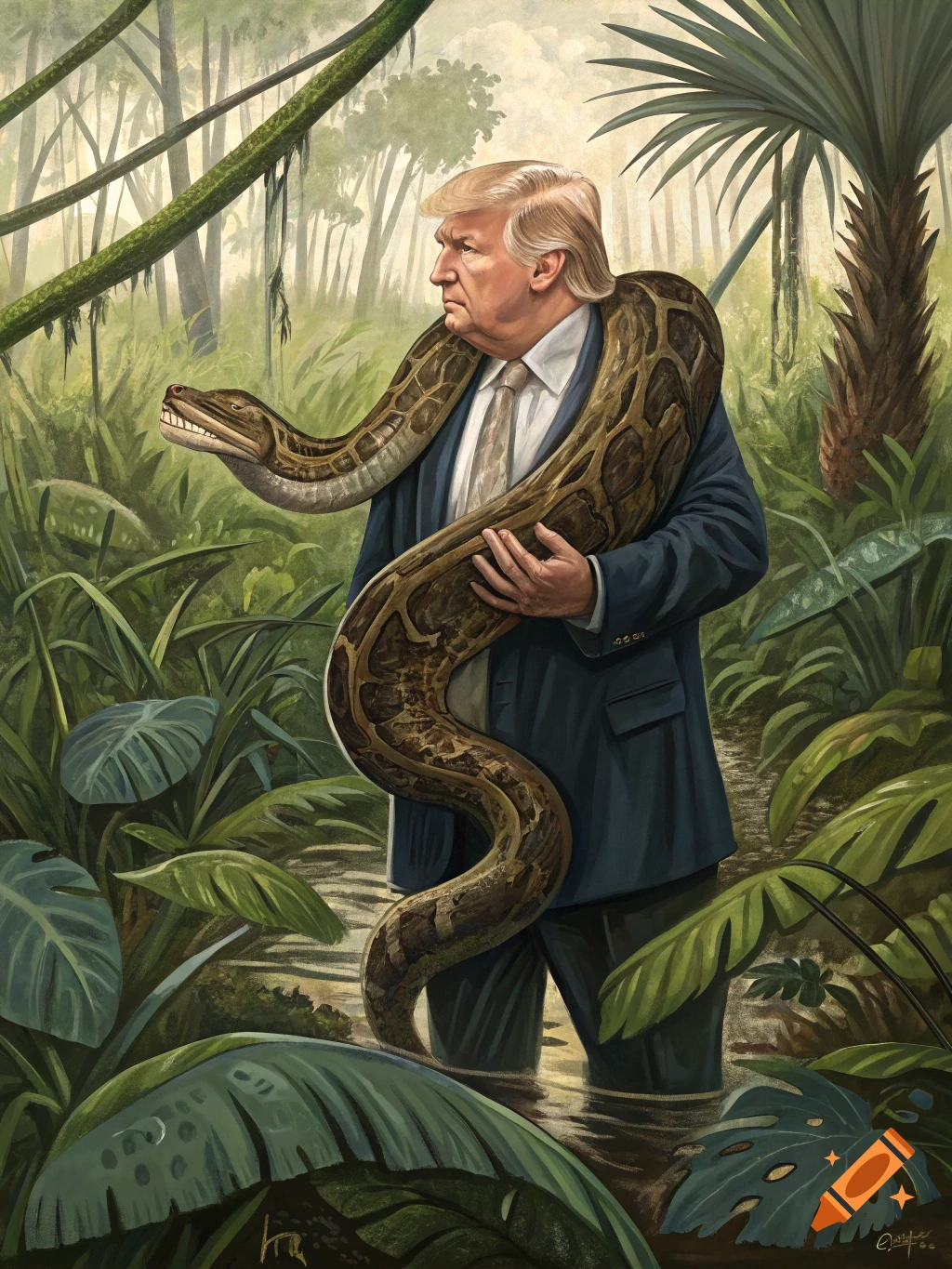 Painting of Donald Trump in a suit standing in a shallow jungle stream, holding a large python draped around his shoulders.