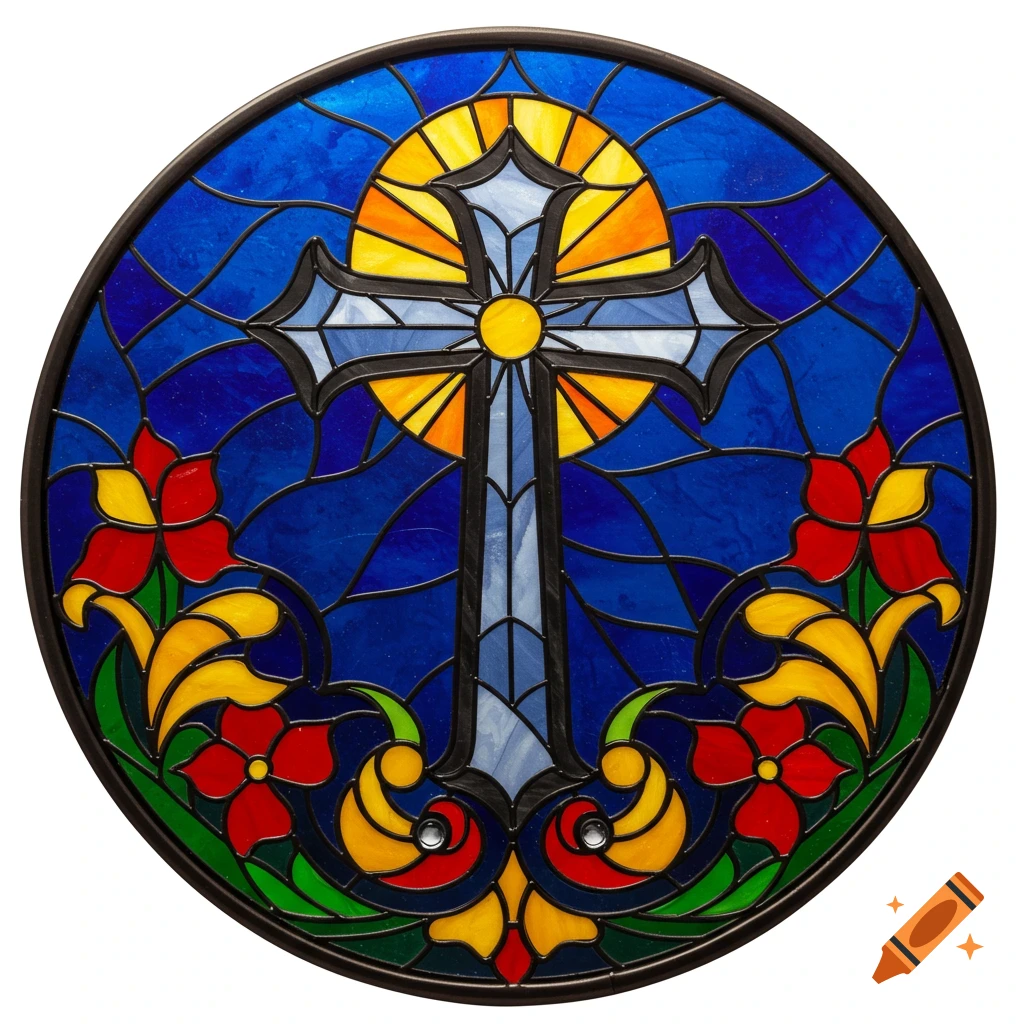 A circular stained glass design featuring a three-bar cross with a sunburst background, surrounded by vibrant red and yellow flowers.