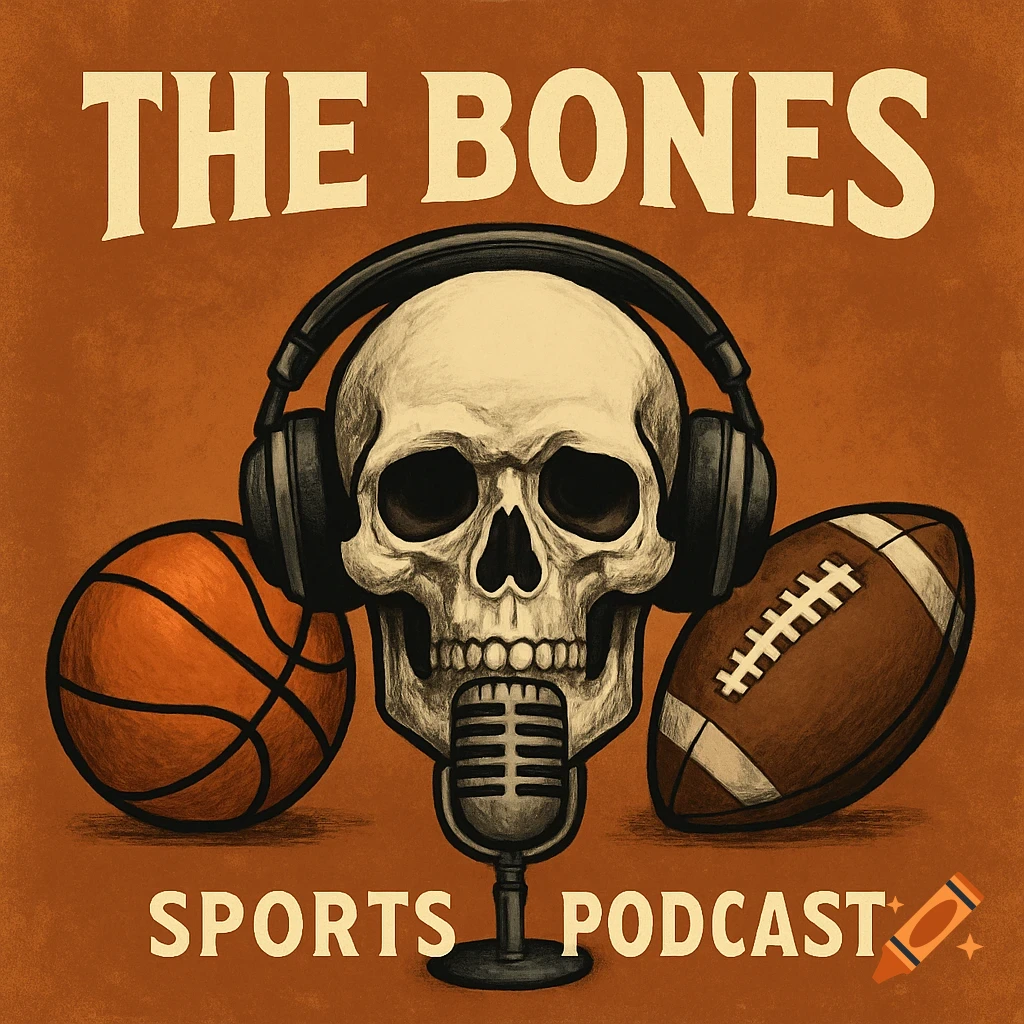 Stylized illustration of a skull wearing headphones and holding a microphone, flanked by a basketball and a football, with text reading 'THE BONES SPORTS PODCAST'.
