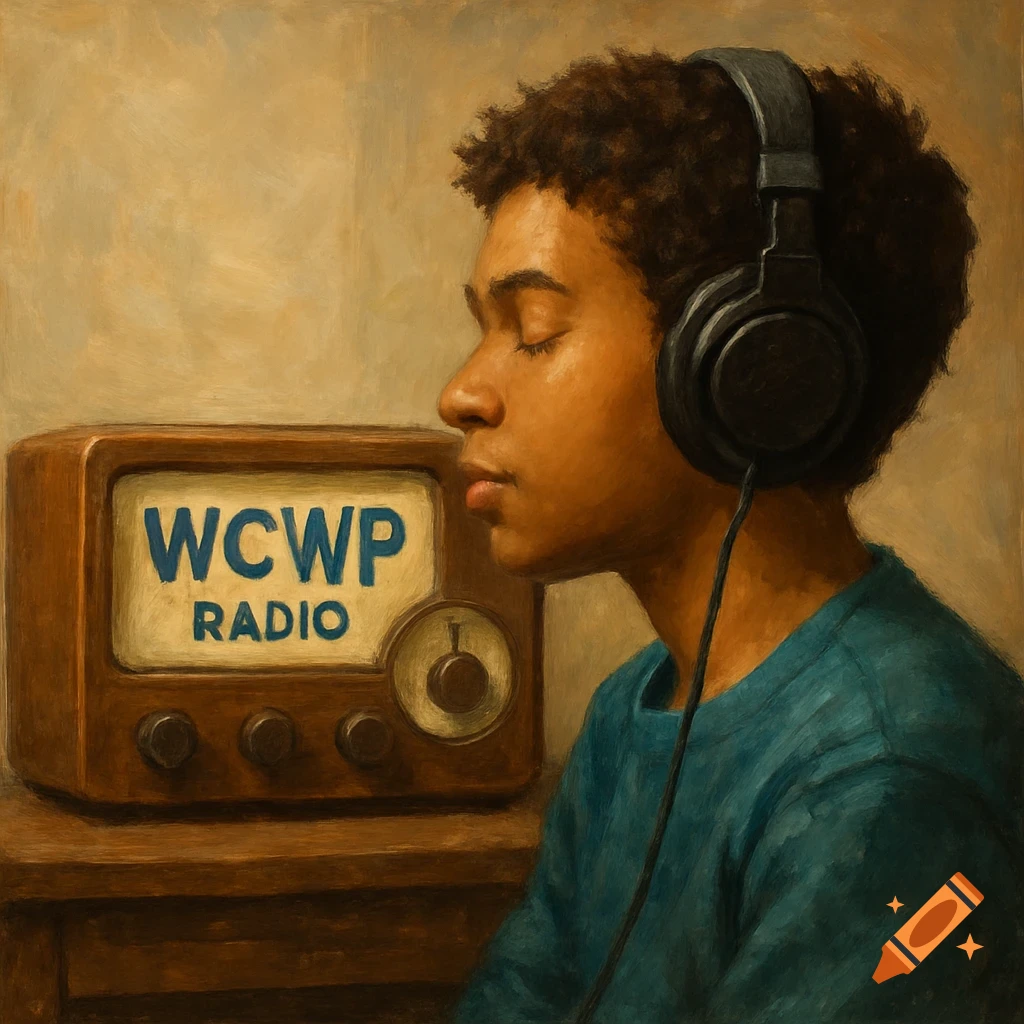 A painting of a person with headphones listening to a vintage radio displaying 'WCWP Radio'.