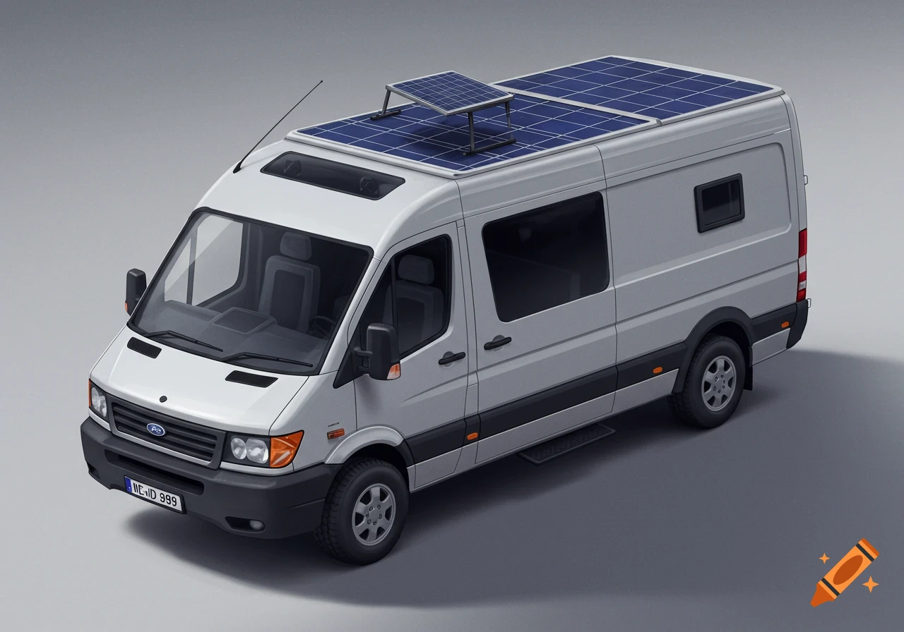 A white cargo van with solar panels mounted on its roof, viewed from an elevated angle against a plain gray background.