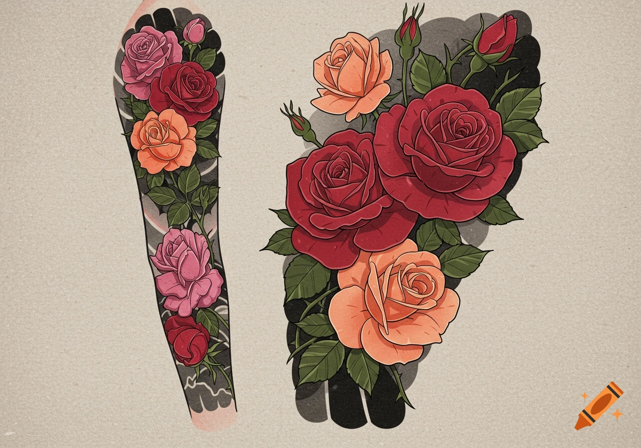 Two distinct rose tattoo designs, one a full sleeve and the other a cluster, featuring red, pink, and orange roses.