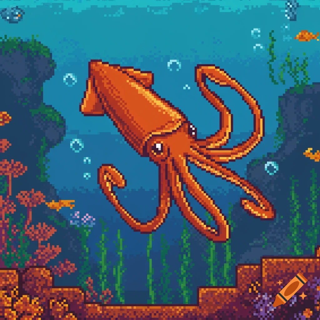 A vibrant orange pixel art squid swims in a detailed 8-bit underwater scene with coral, rocks, and small fish.