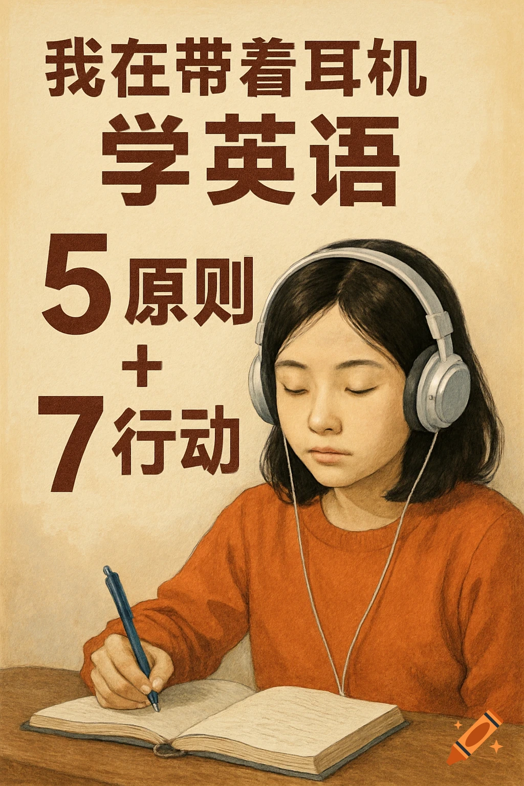 A young person with headphones studies a book at a desk, with Chinese text about learning English.