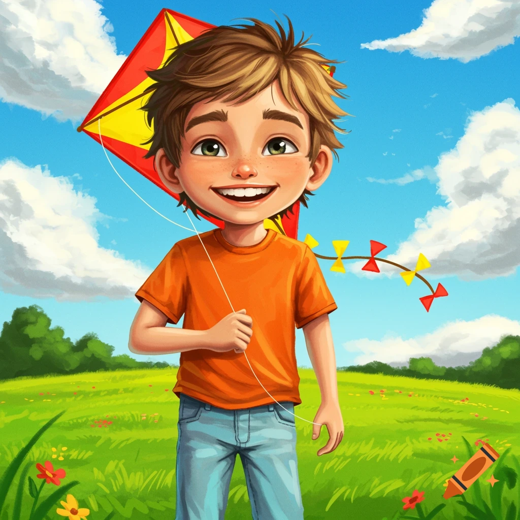 A smiling cartoon boy with brown hair holds a red and yellow kite in a vibrant green field under a blue sky.