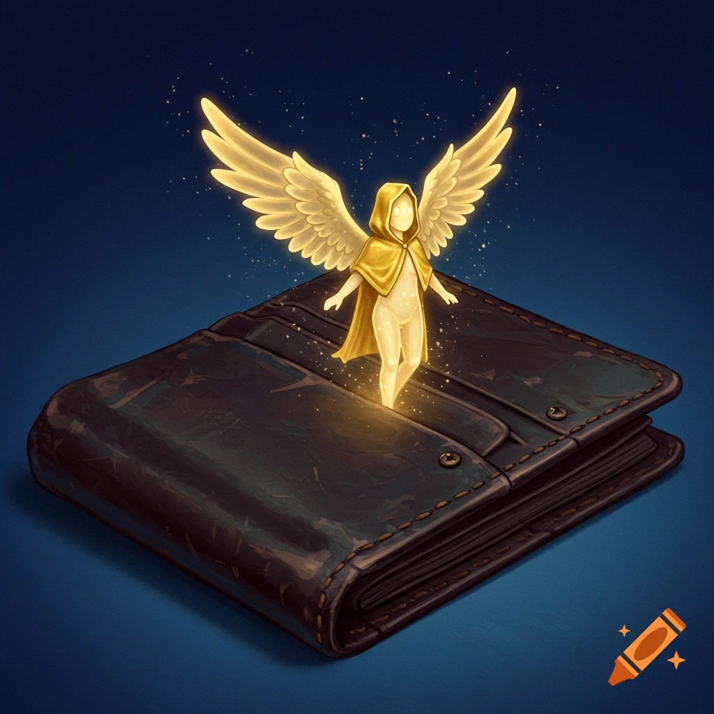 A glowing golden seraphim with wings and a hood emerges from a dark leather wallet, bathed in sparkling light.