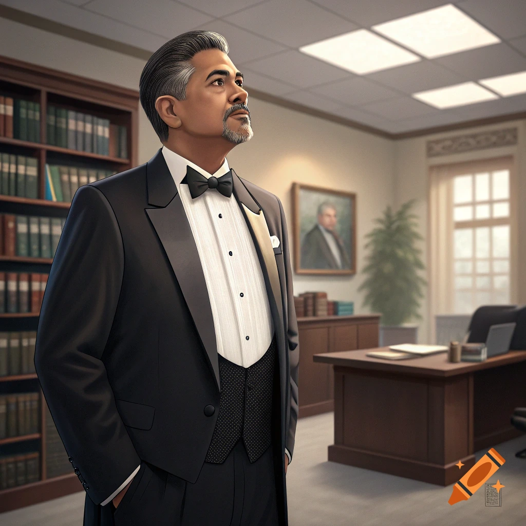 A distinguished man in a tuxedo stands in a formal office, looking upwards. A bookshelf and desk are visible in the background.