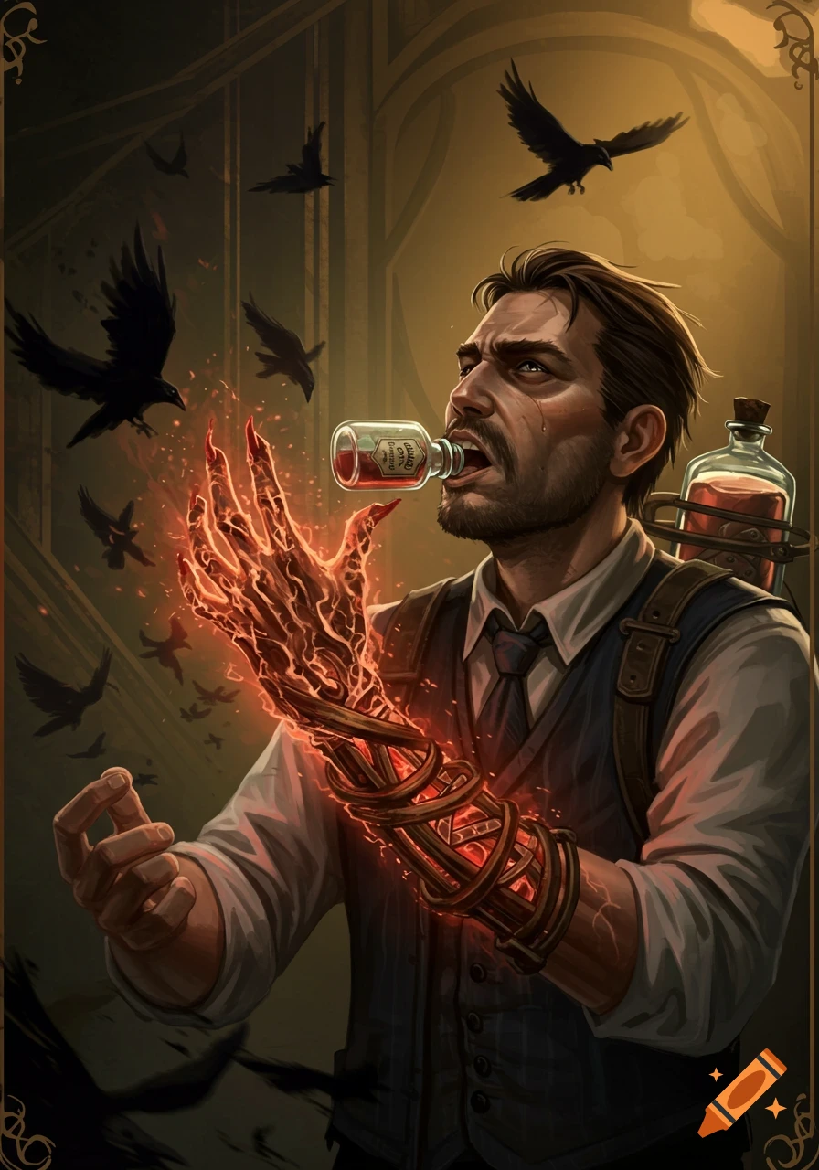 A man drinks from a bottle, his right hand transforming into a glowing, fiery, skeletal form as crows fly around him.