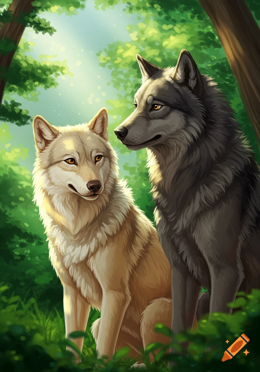 A tan wolf and a gray wolf sit in a sunlit forest, depicted in a digital art style.