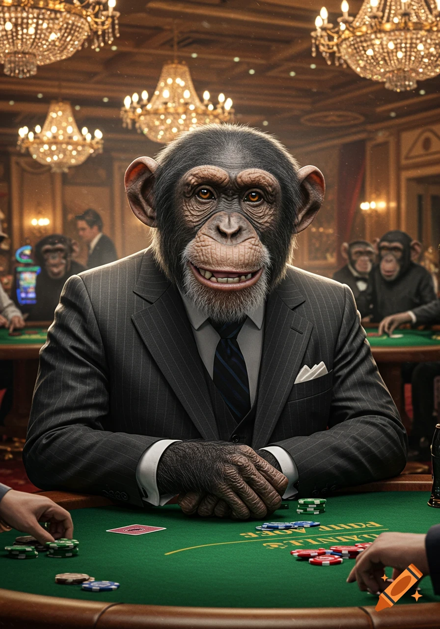 A chimpanzee in a pinstripe suit smiles at a poker table in a luxurious casino, with other chimpanzees in the background.