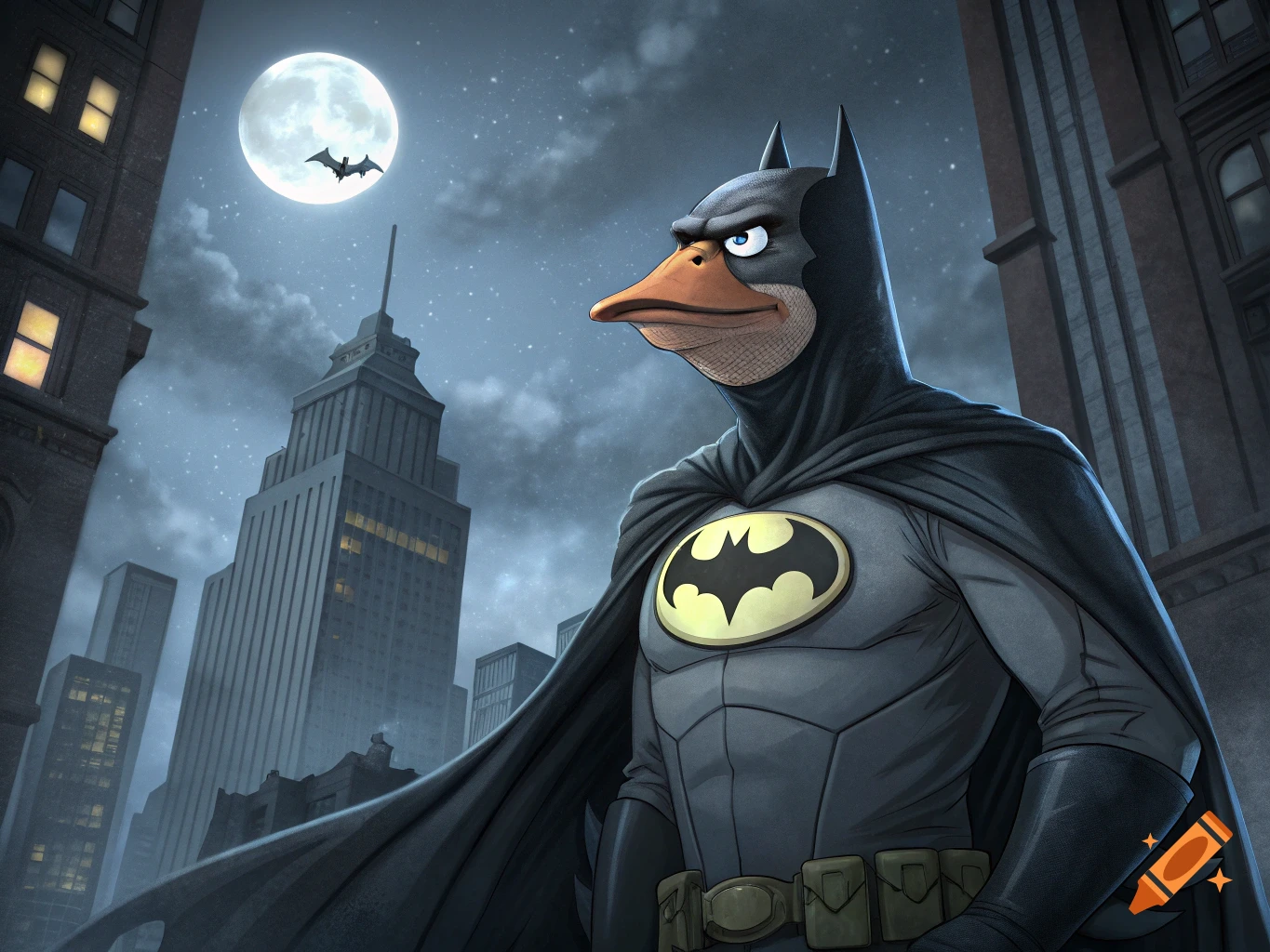 Batman-like figure with a duck's head and an orange bill stands in a dark city, a full moon and bat silhouette in the sky.
