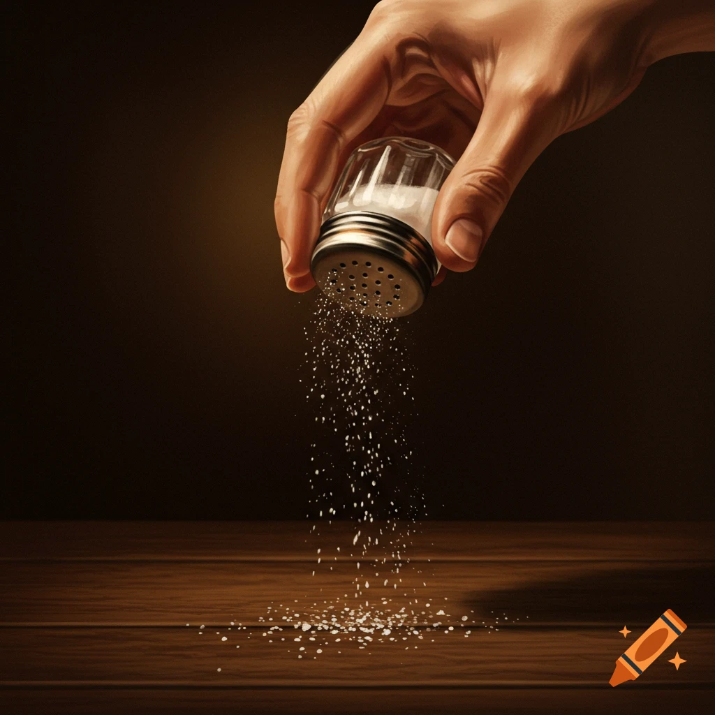 A hand sprinkles salt from a shaker onto a dark wooden surface, with salt grains accumulated at the base.