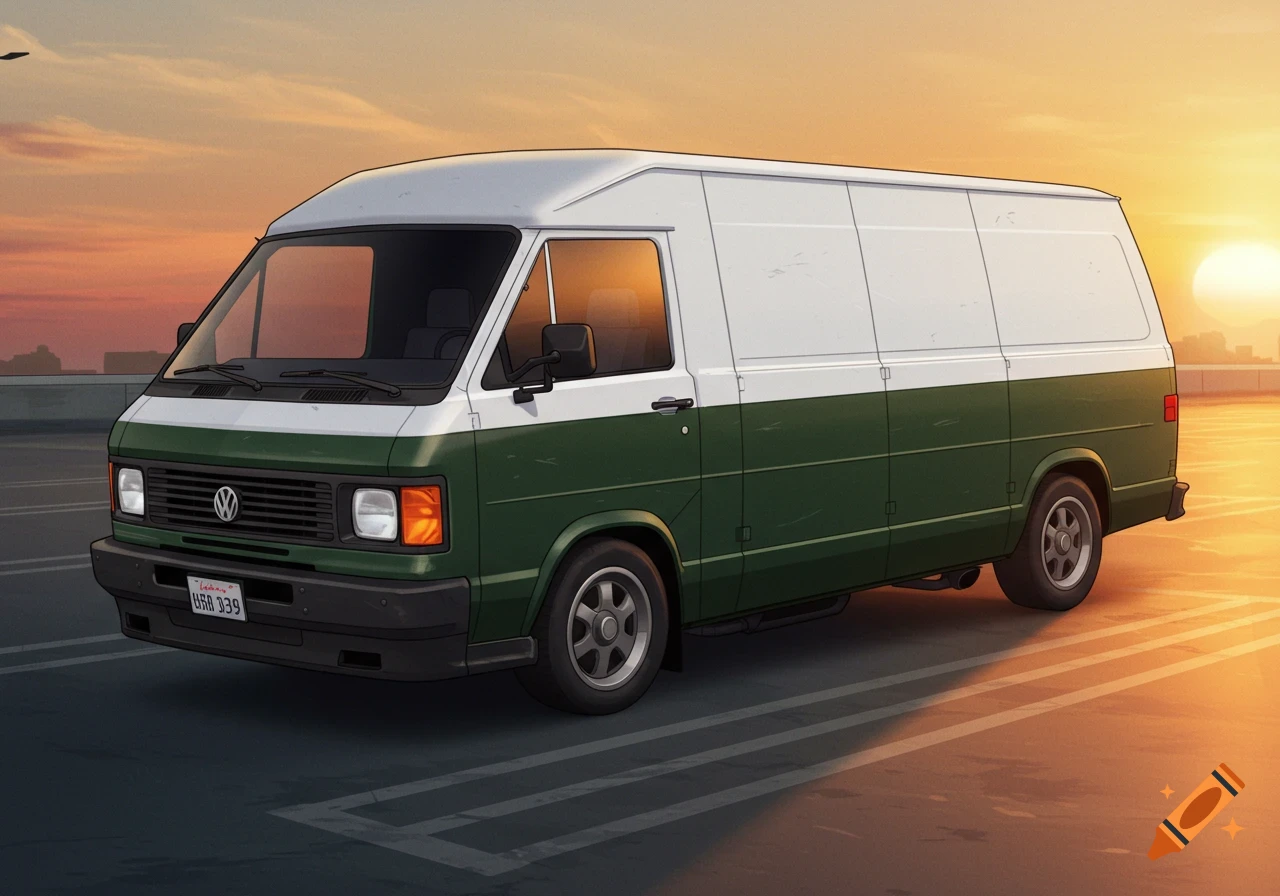 An illustration of a green and white cargo van parked at sunset on an asphalt surface.