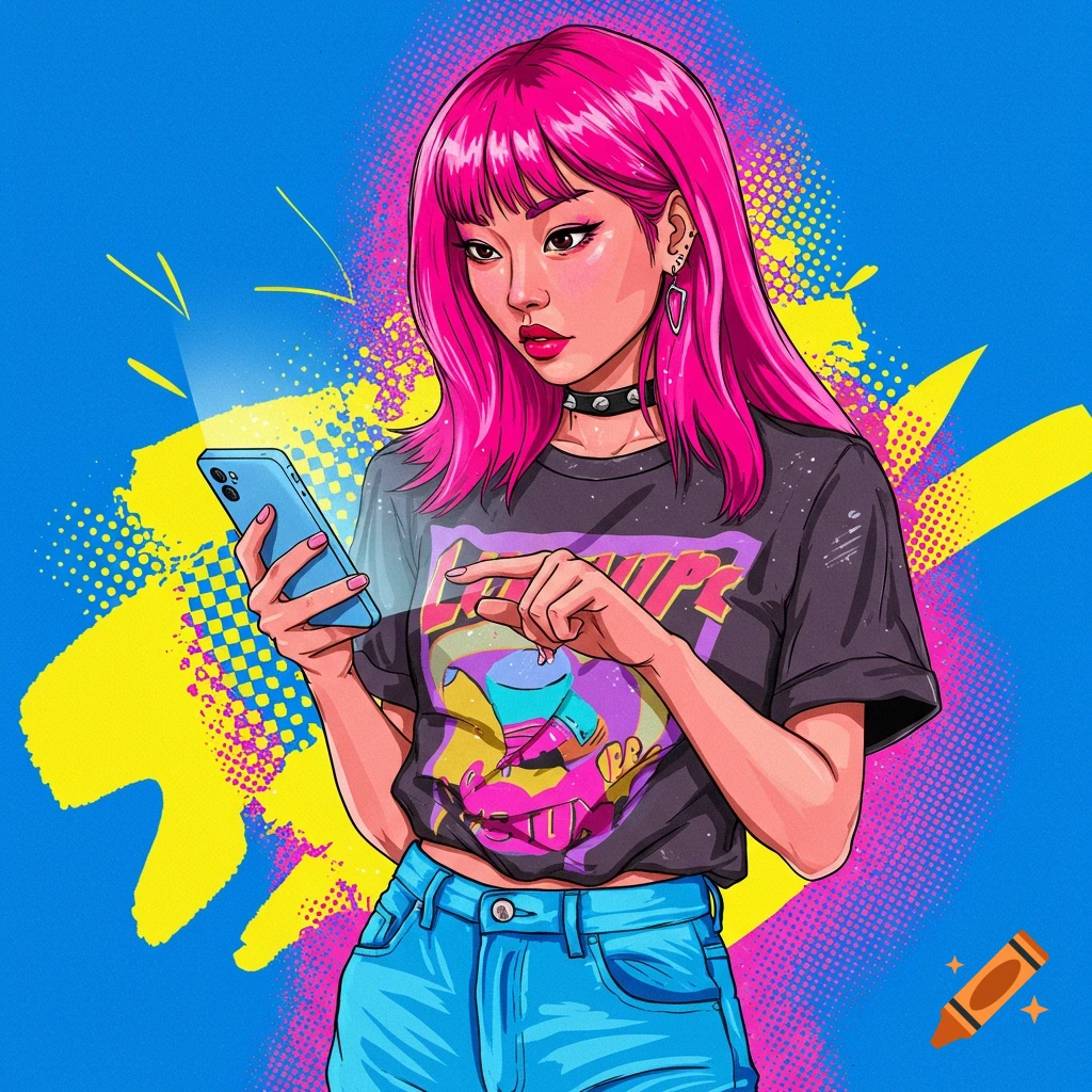 A vibrant, stylized illustration of a woman with pink hair wearing a graphic t-shirt and jeans, holding a blue smartphone.