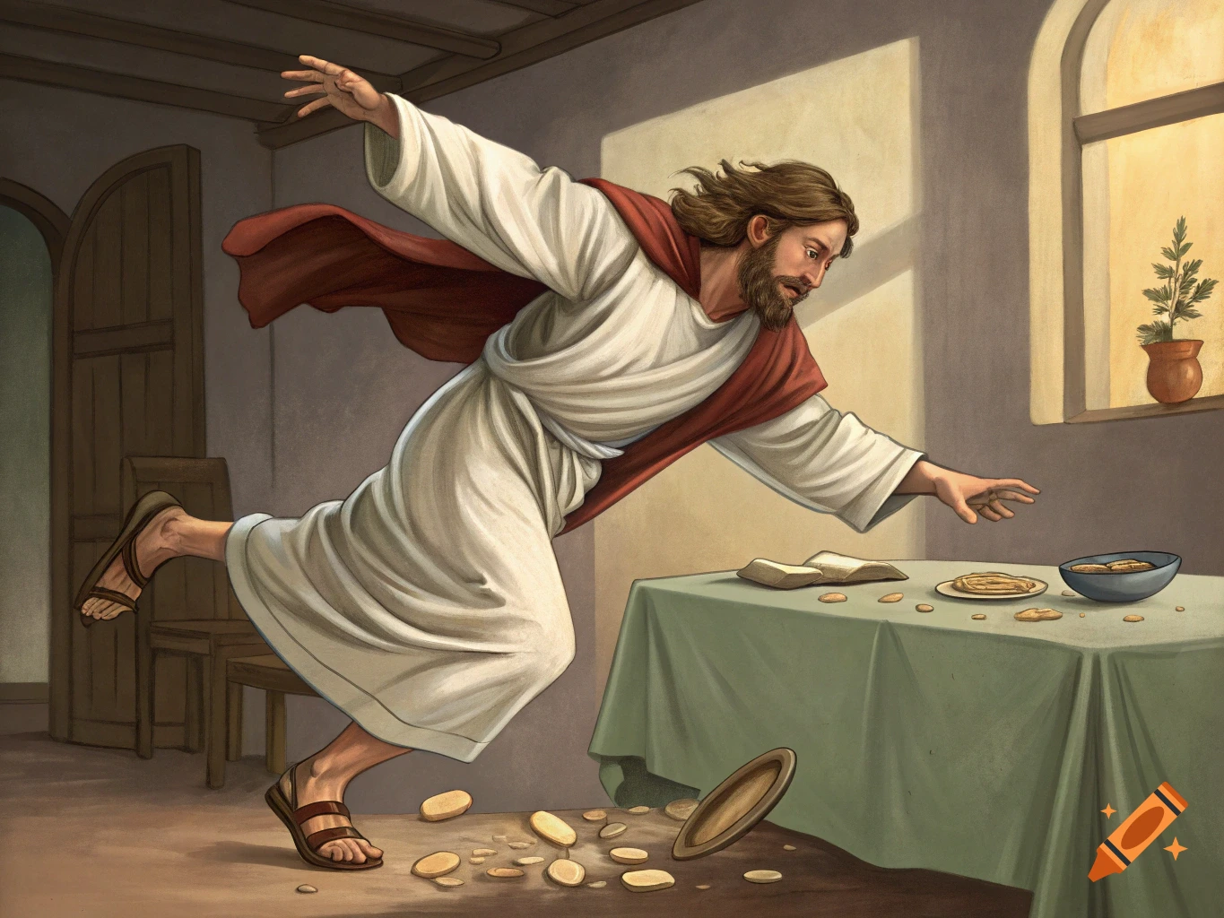 An illustration of Jesus dramatically flipping over a table of coins and a plate of food in an indoor setting.