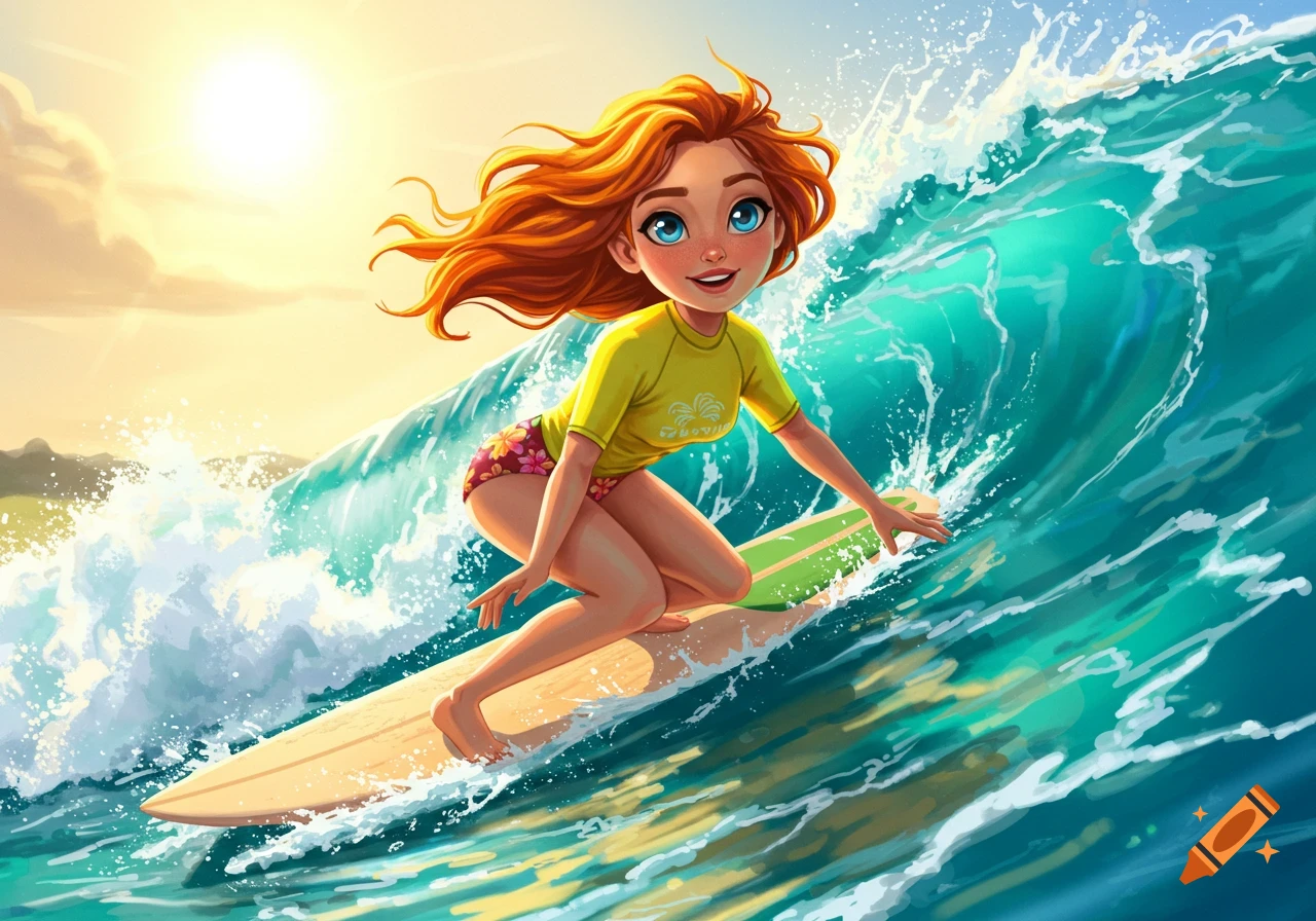 A cheerful cartoon girl with red hair surfs a large blue wave, smiling in a yellow rashguard and floral shorts, against a sunny sky.