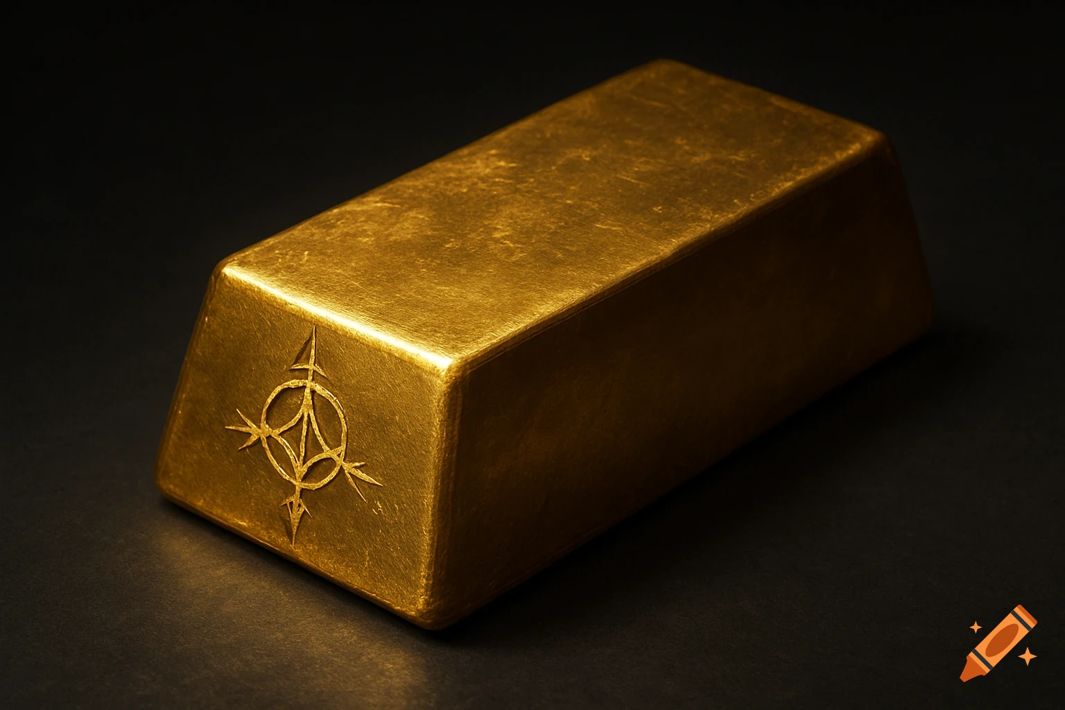 A photorealistic image of a single, solid gold bar with a subtle, intricate rune etched on its side, dramatically lit against a dark background.