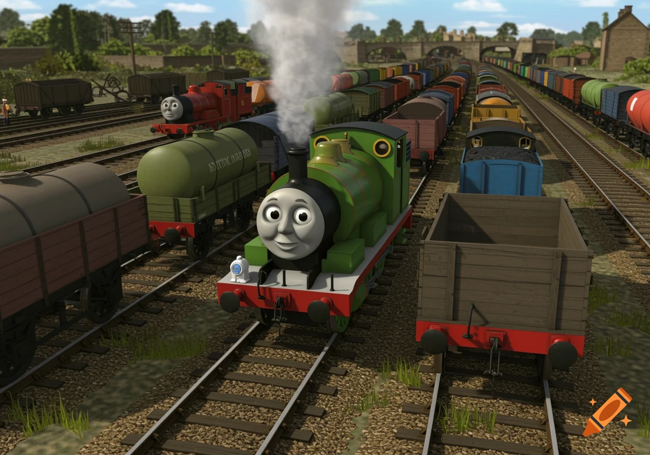 Percy the green train smiles while shunting freight cars in a busy train yard, with James the red train nearby.
