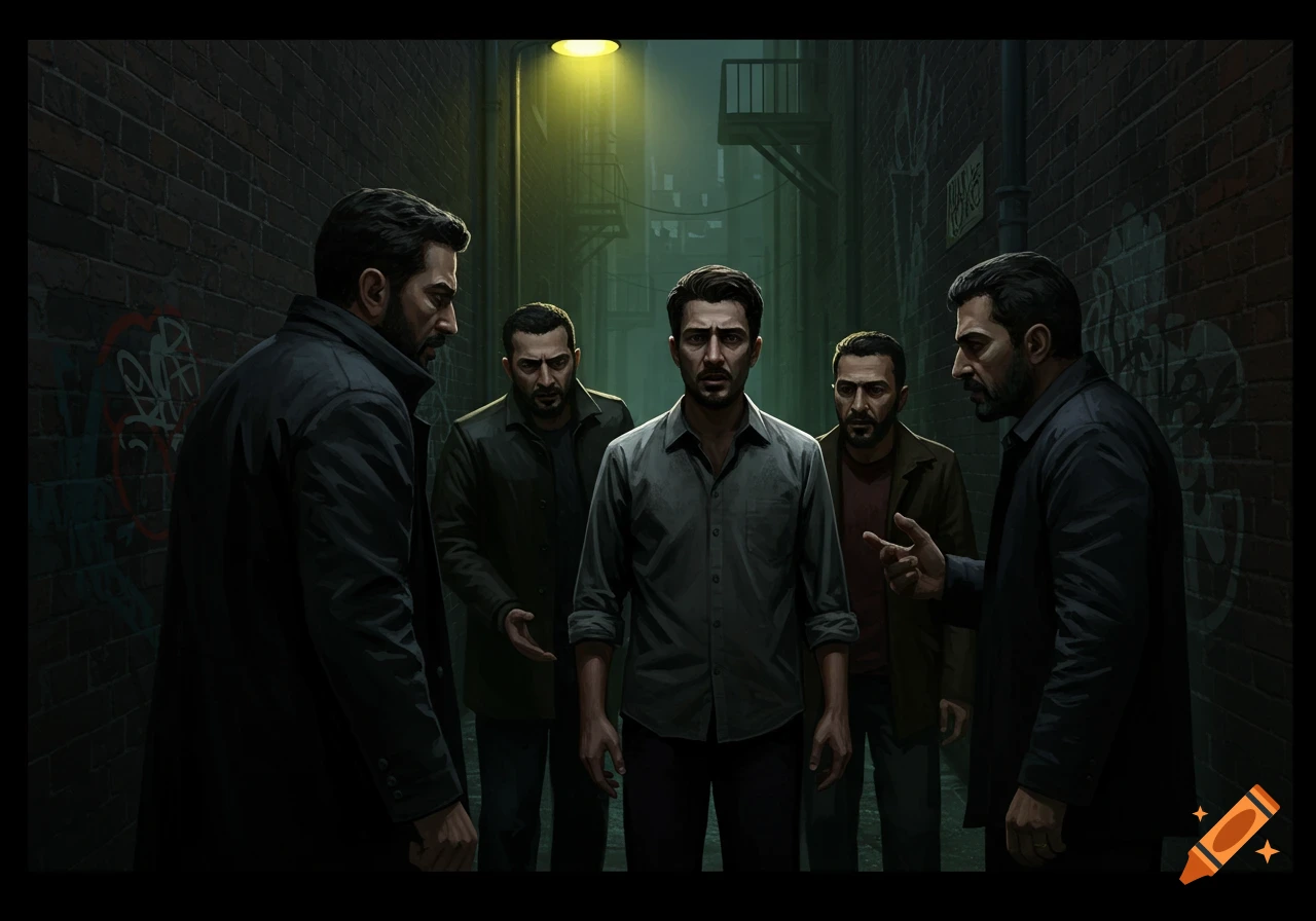 Five men in dark clothing stand in a dimly lit alley, surrounding one man in a grey shirt.