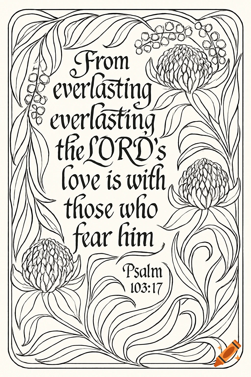 Art Nouveau line art coloring page with floral borders and a Bible verse in calligraphy.