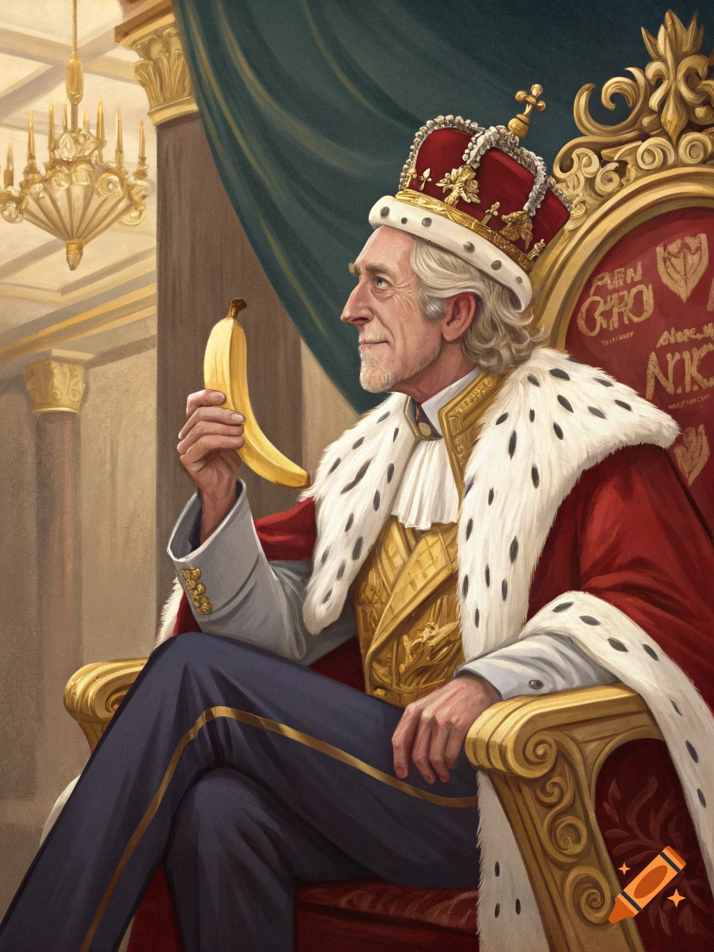 An elderly king in regal robes and crown sits on a golden throne ...
