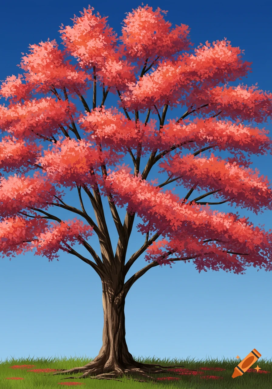 A vibrant illustration of a tree with numerous pink and red leaves against a clear blue sky, with green grass at its base.