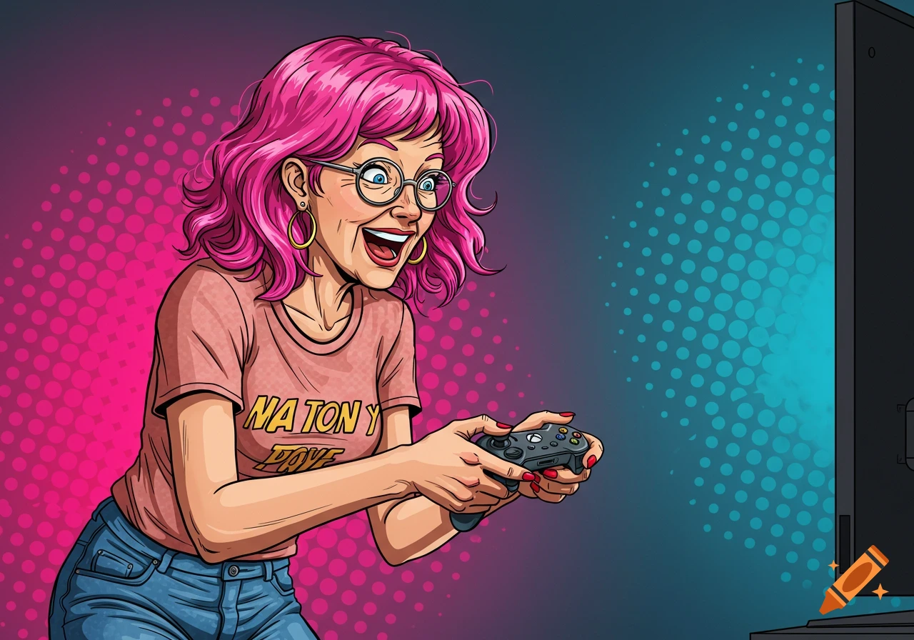 A smiling older woman with vibrant pink hair and glasses, in a comic book style, intently plays an Xbox game controller.