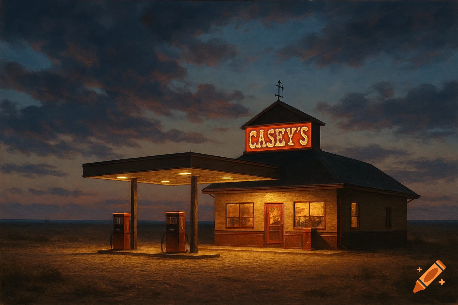 A desolate gas station with a bright "CASEY'S" sign illuminated against a dramatic, cloudy twilight sky in a vast, empty landscape.