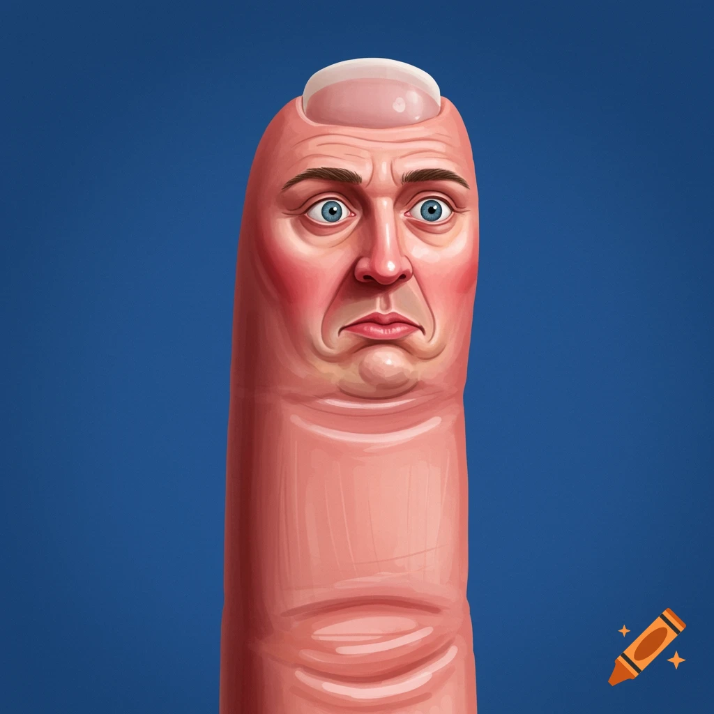 A surreal illustration depicts a human finger with a man's face and a fingernail, against a plain blue background.