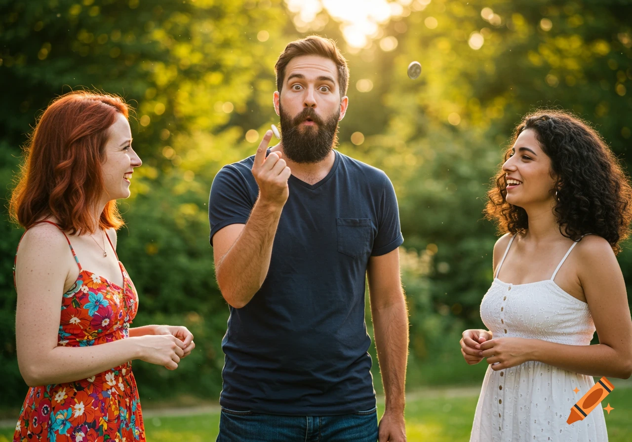 A bearded man with a surprised expression flips a coin in a sunny park, flanked by two smiling women.