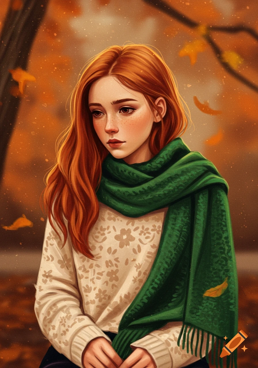 A red-haired girl in a green scarf and patterned sweater stands amidst falling autumn leaves in a digital painting.