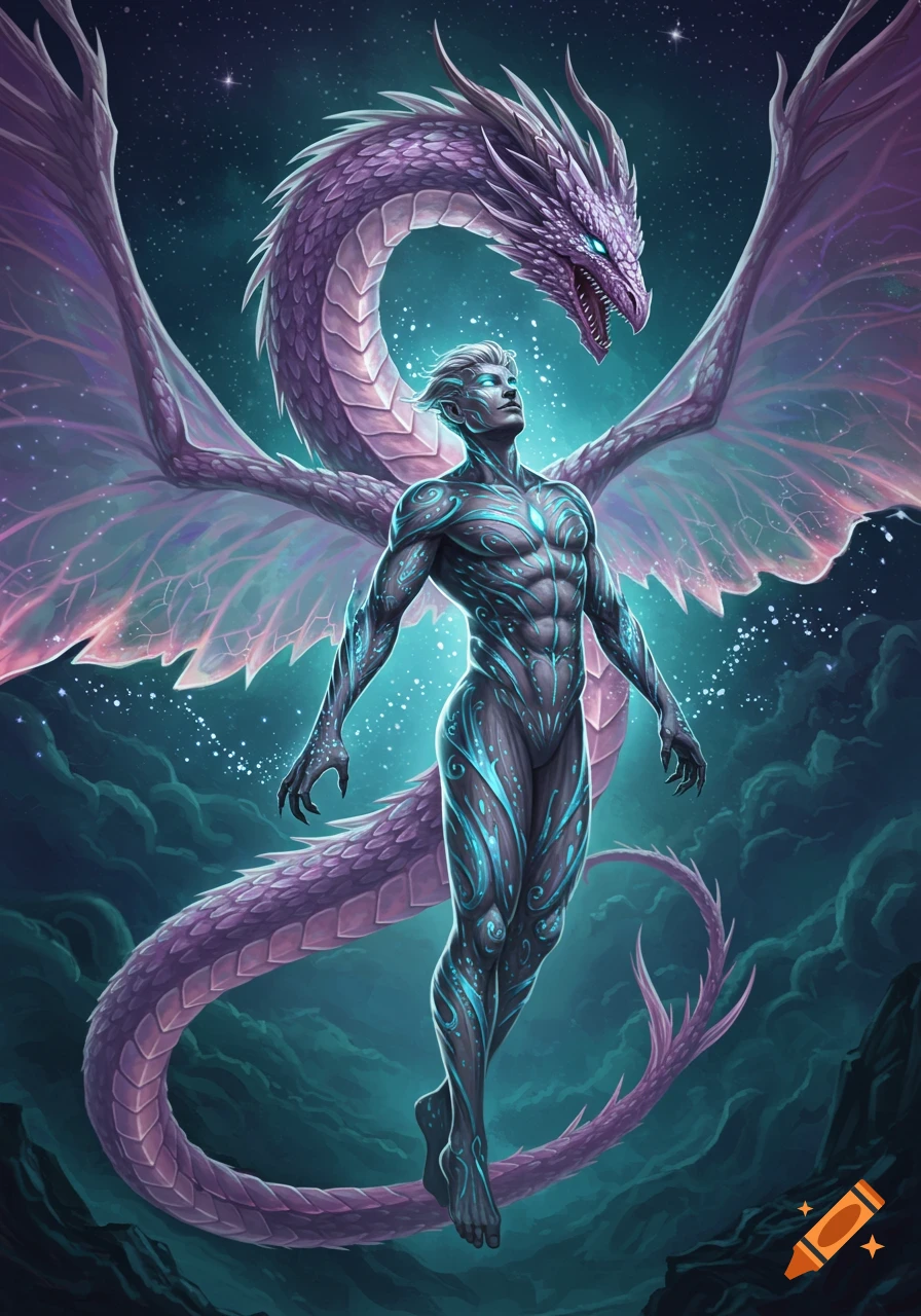 A male figure with glowing blue patterns and white hair floats in a cosmic setting, with a large purple dragon behind him.