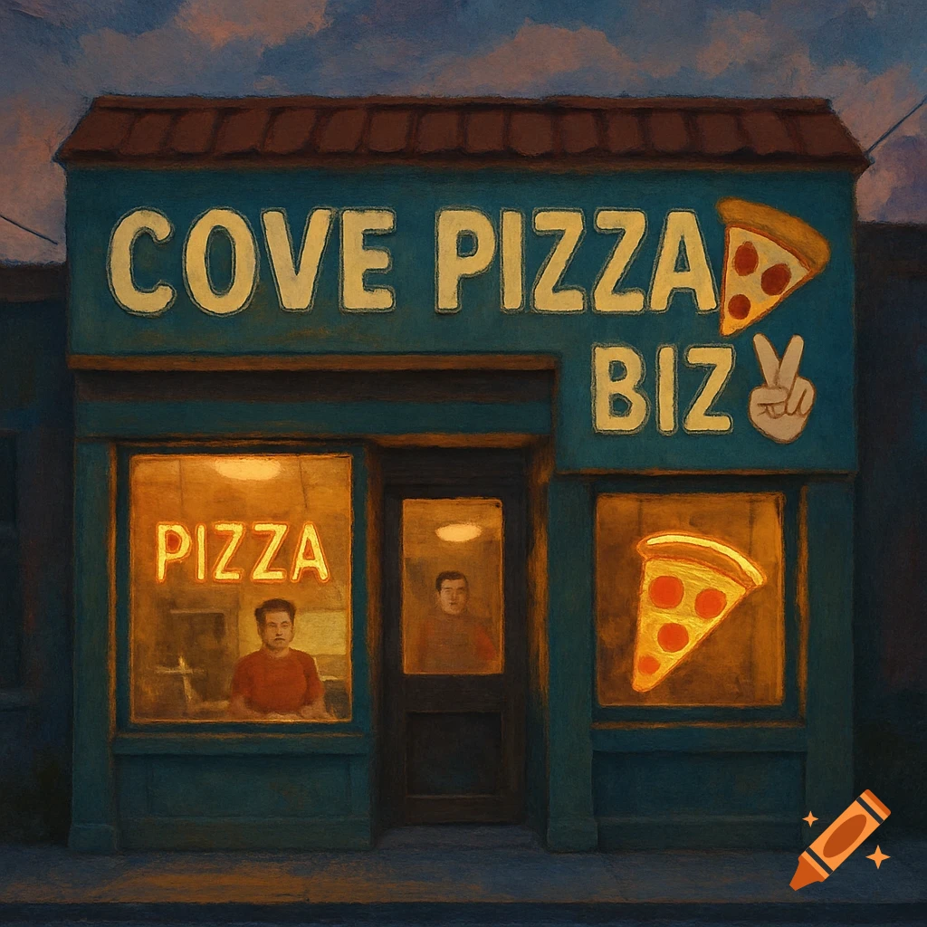 Painterly image of 'Cove Pizza Biz' storefront at dusk, with 'Pizza' neon sign and a pizza slice in the window.