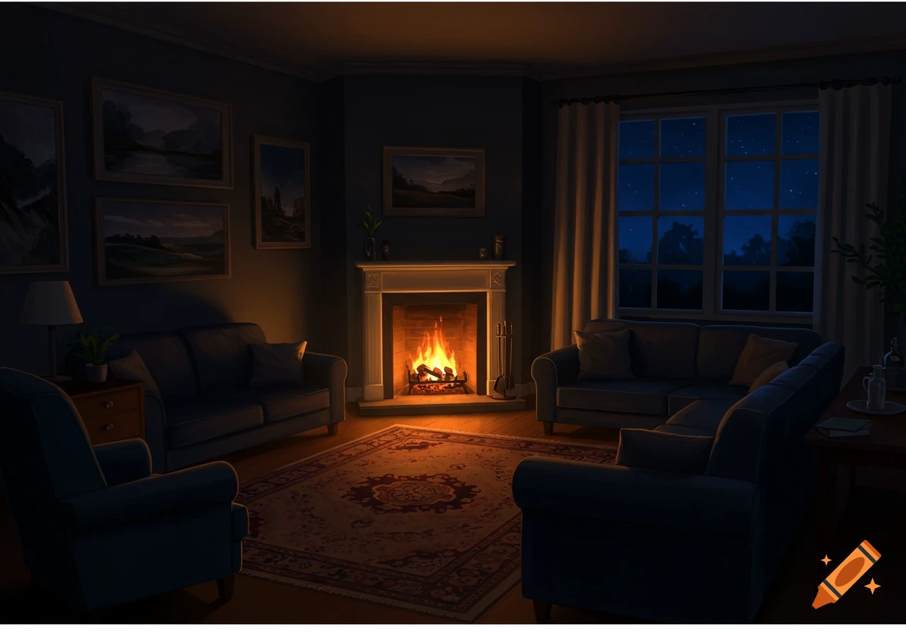 A cozy living room at night with a lit fireplace, sofas, armchairs, and a large window showing a starry sky.
