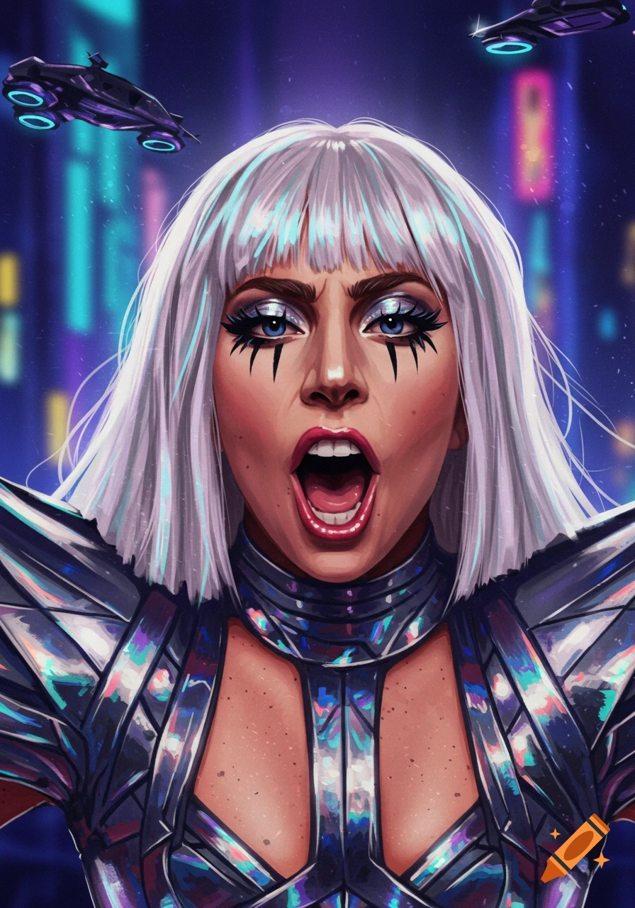 Illustration of Lady Gaga with white hair and dramatic makeup in a futuristic metallic outfit against a neon cityscape with flying vehicles.