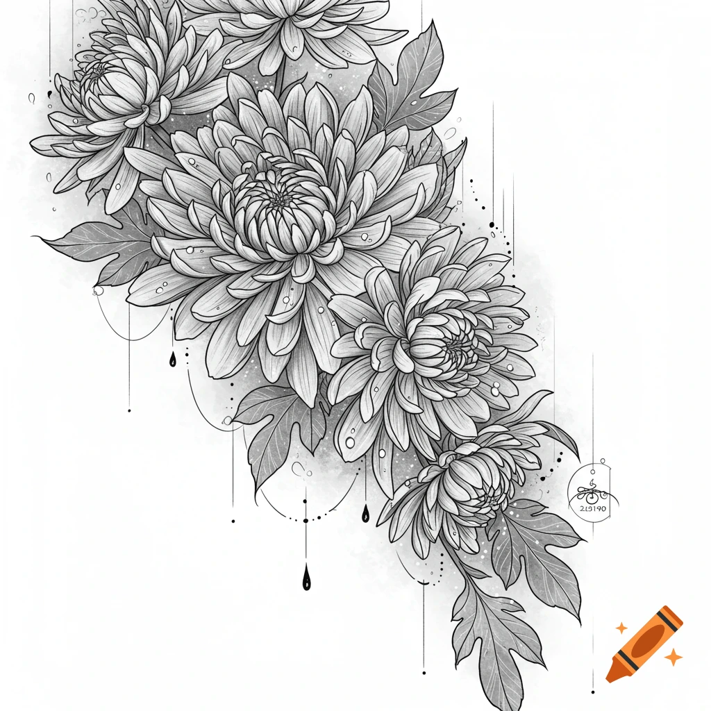 Black and white fine line tattoo art of chrysanthemums with leaves, subtle raindrops, and abstract lines.