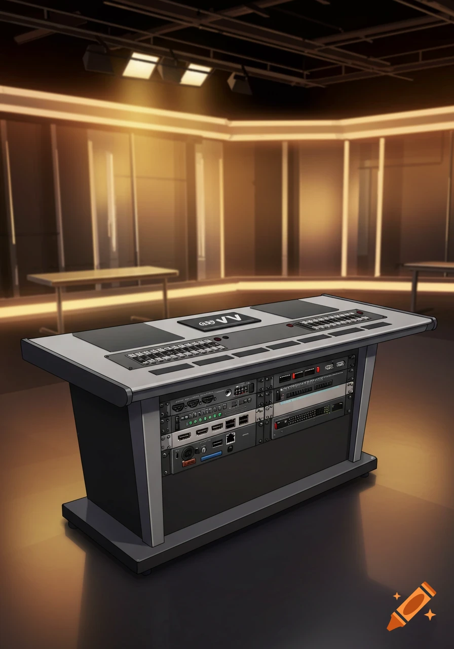 A stylized view of a modern broadcast AV table with control panels and rack-mounted equipment in a warmly lit studio.