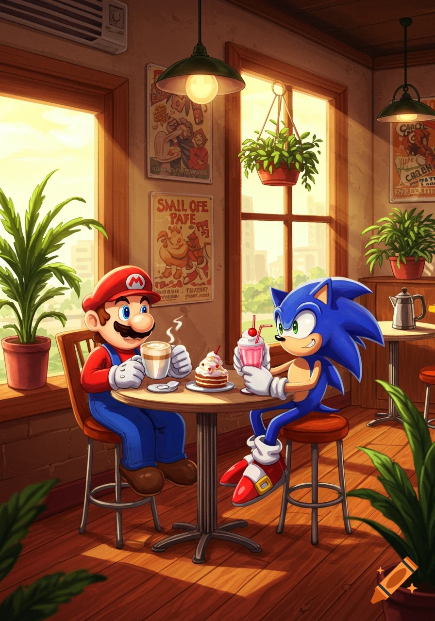 Mario and Sonic sit at a sunlit cafe table, drinking coffee and milkshakes, in a bright, colorful illustration.